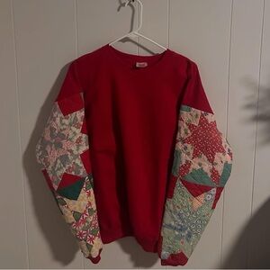Red Handmade Patchwork Sleeve Sweatshirt